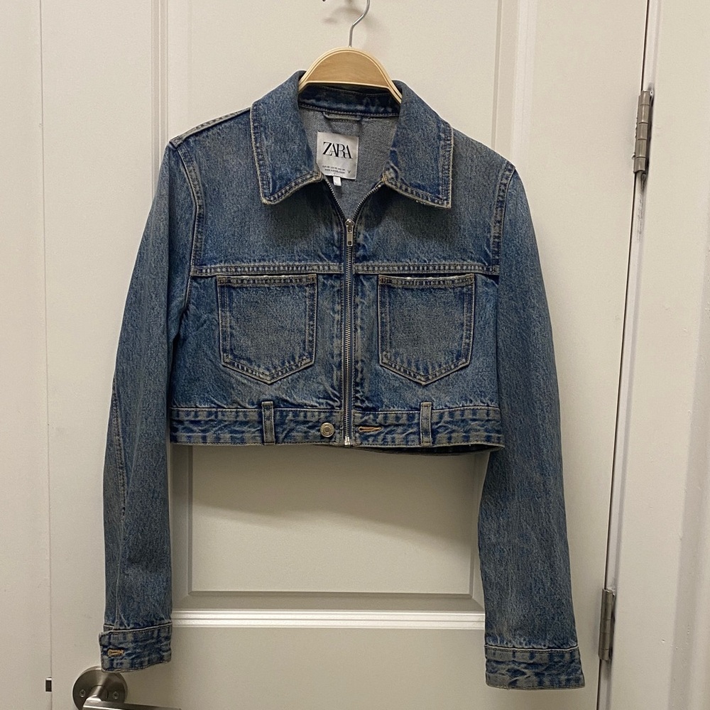 Zara Indigo Denim Crop Zip Up Jacket